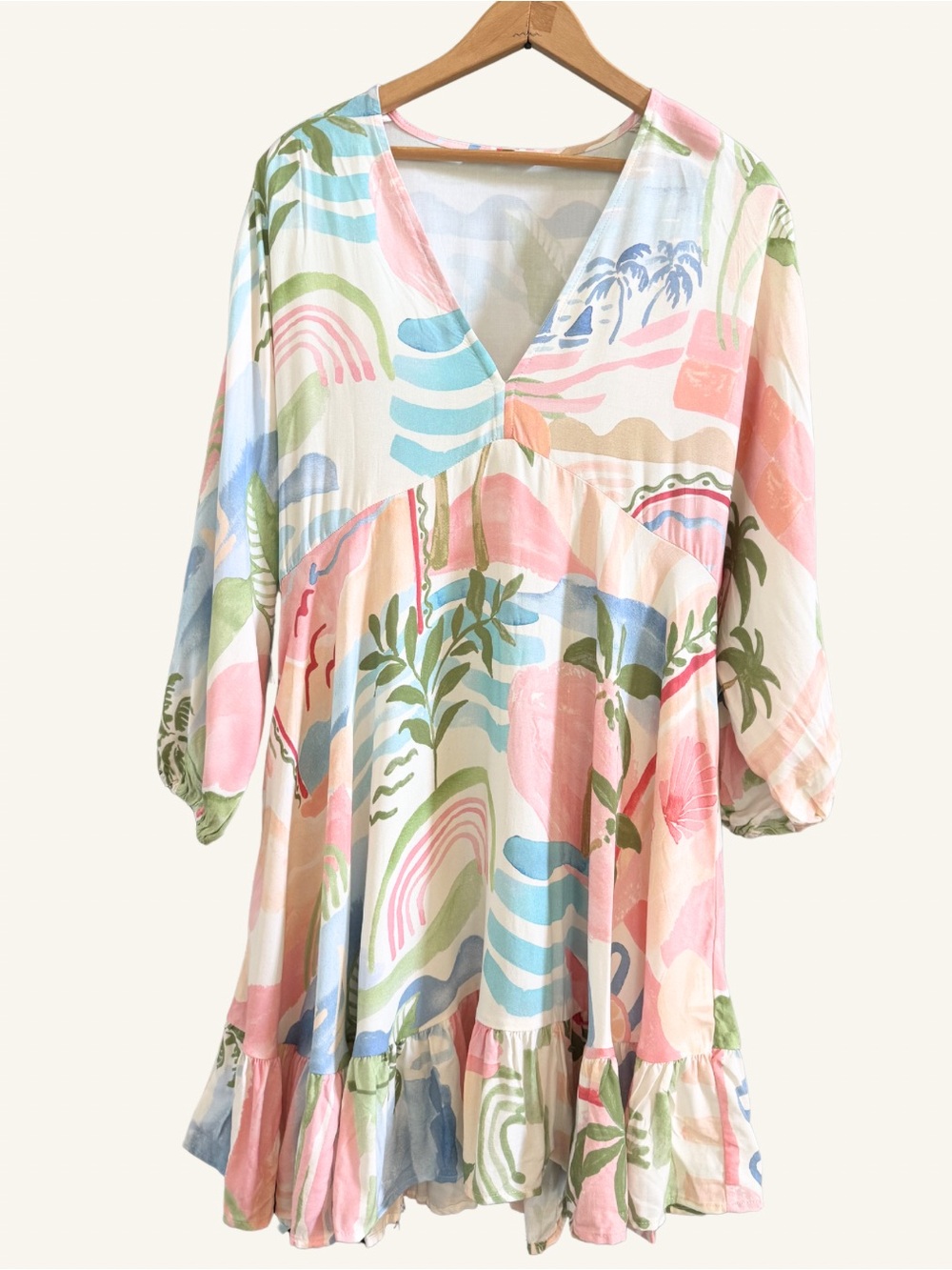 Label of Love Tropical Print Mini Dress L Boho V Neck Puff Sleeve